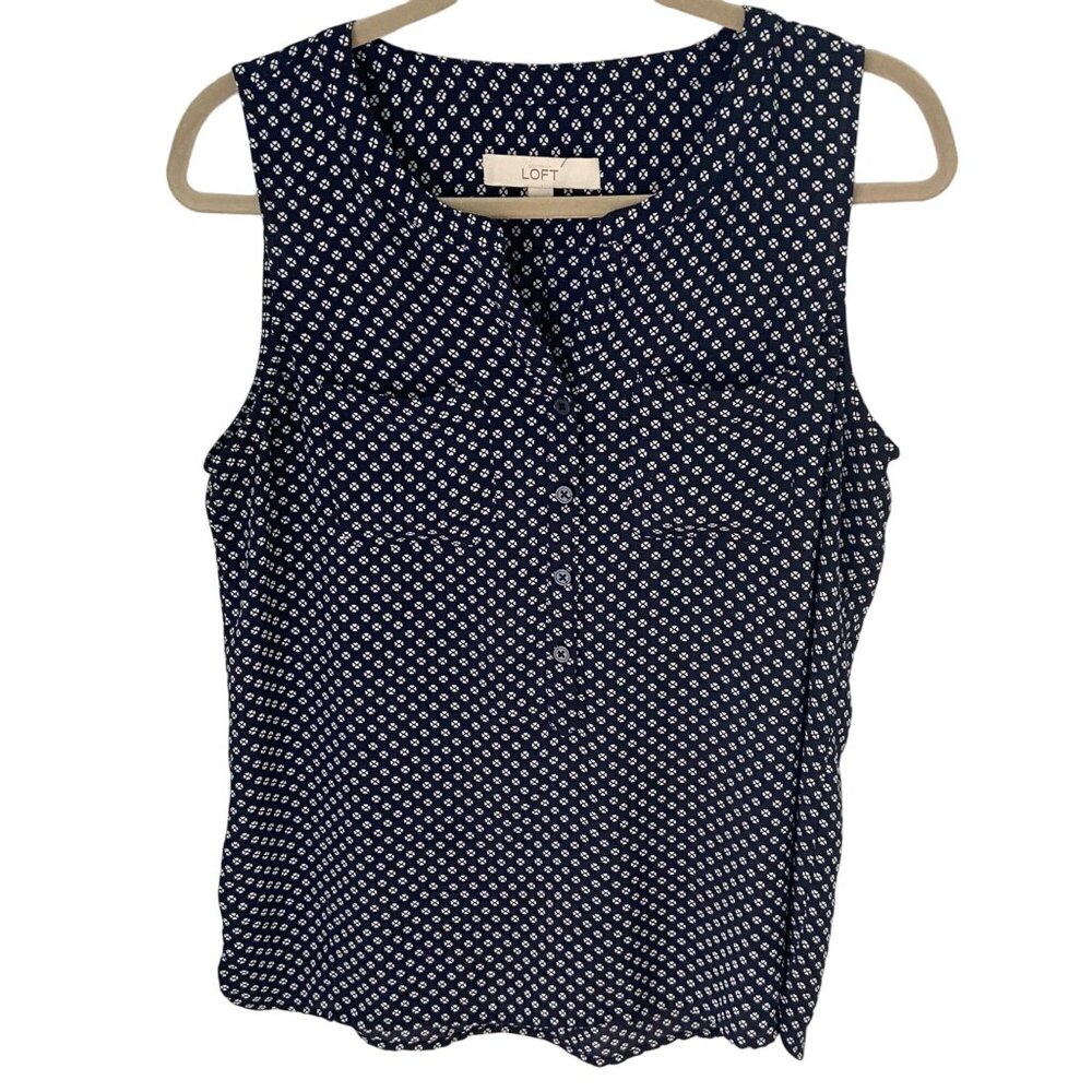 Ann Taylor Loft Sleeveless Top Blouse Sz Medium Navy Blue Buttons Front Pockets